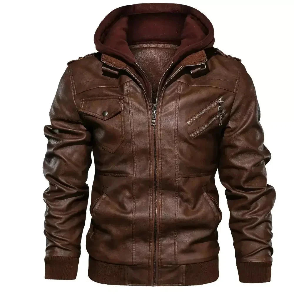 Jaqueta de Couro Masculina com Capuz Jaqueta de Couro Masculina com Capuz Removível Sr Alpha Marrom P