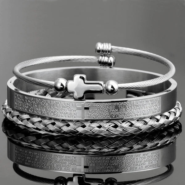 Conjunto 3 Pulseiras Crucifixo PAI NOSSO Joias & Acessórios (Pulseira 2) Dm Stores Prata 